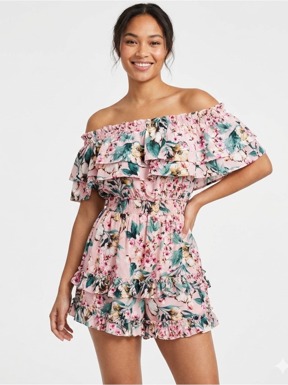 Miss Avenue Floral Ruffle Strapless Romper Pink 209 party travel fun trendy chic